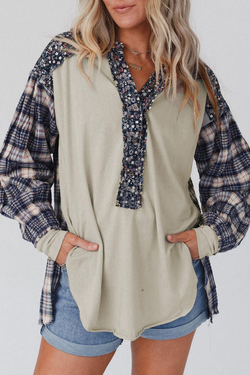 Floral Plaid Mixed Print Bishop Sleeve Patchwork Top